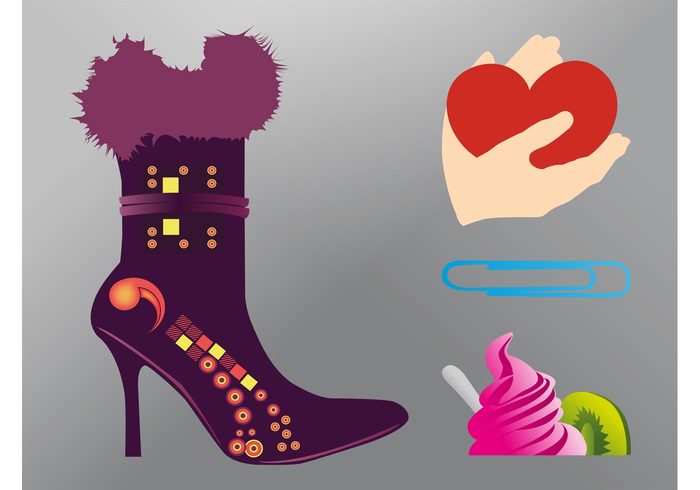 sundae style stationery shoe paperclip palms office supplies love logos kiwi icons ice cream high heels heart hands food fashion dessert boot accessory 