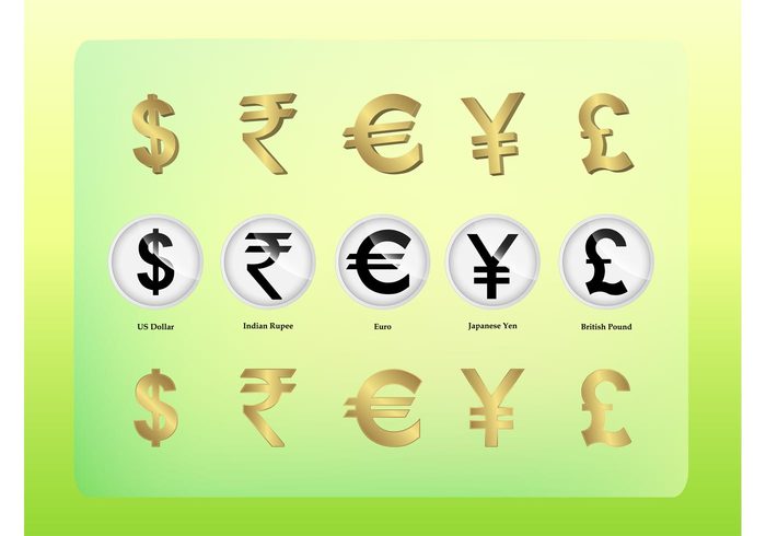 Yen trade symbols signs Rupee pound money icons finance Exchange euro dollar conversion bill banknote  