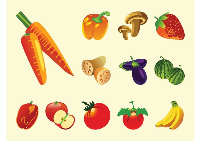 vitamins vegetables tomatoes peppers nature icons Healthy fruits food eat cartoon carrots bananas apples 