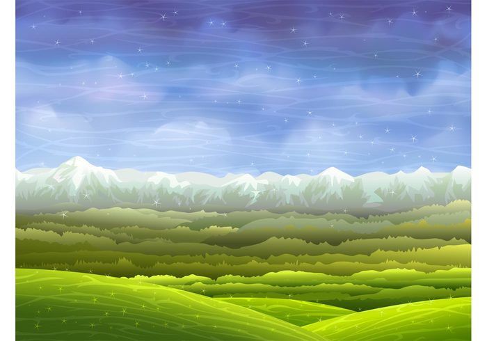 wallpapers Tops stars snow sky plants Peeks night nature mountains landscape hills grass fields clouds background  