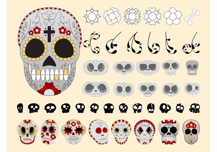 swirls sugar skulls skulls plants mexico mexican icons flowers floral day of the dead comic cartoon bones 