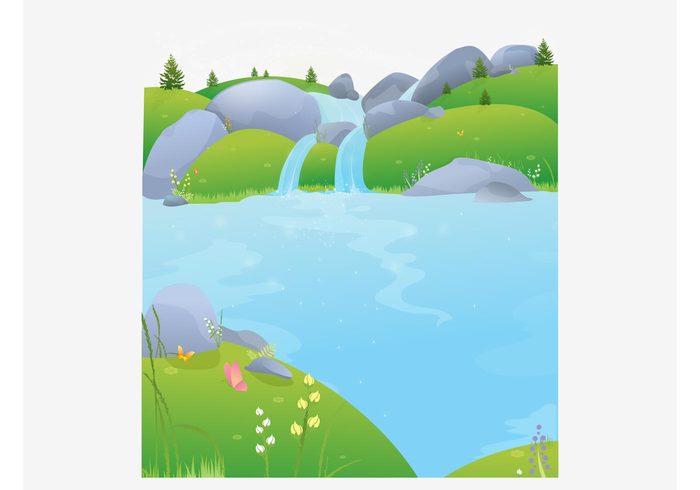 waterfall water Utopia tree summer spring river paradise insect hills grass fresh flowers field fantasy dream butterfly animal 
