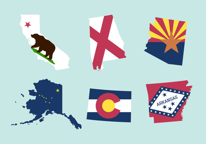 world travel symbol states state outlines state flags state star silhouette shape outline map geography frame flag design country contour concept colorful Colorado Cartography border bear Arkansas Arizona alaska Alabama 