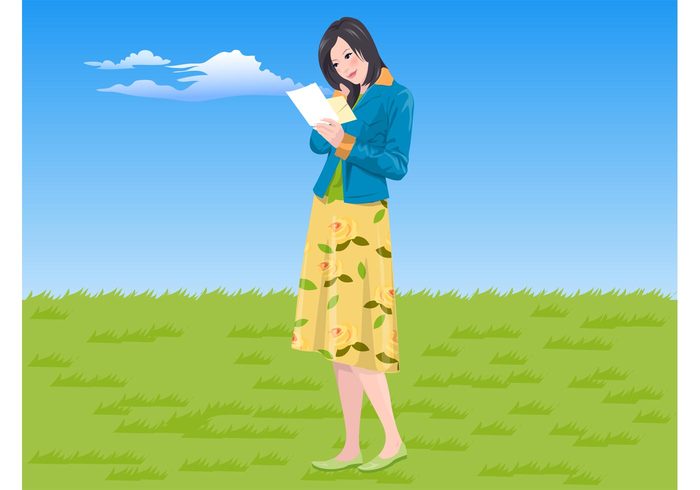 woman Smile sky read pretty nature meadow letter happy Good news girl clouds beauty beautiful 