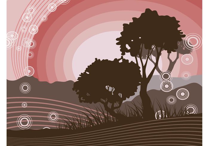 waves tree silhouette shapes round plants Nature graphics landscape hills grass fantasy design curves collage circles 