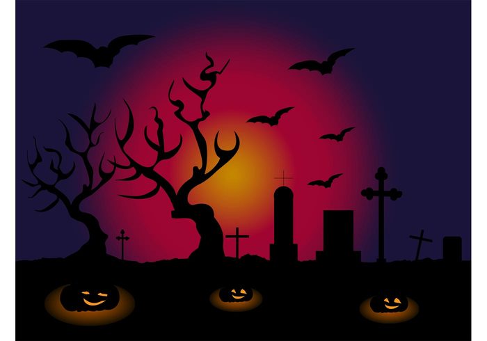 wallpaper tree tombstones Tombs pumpkins night Jack-o’-lanterns halloween graveyard crosses cemetery bats background 