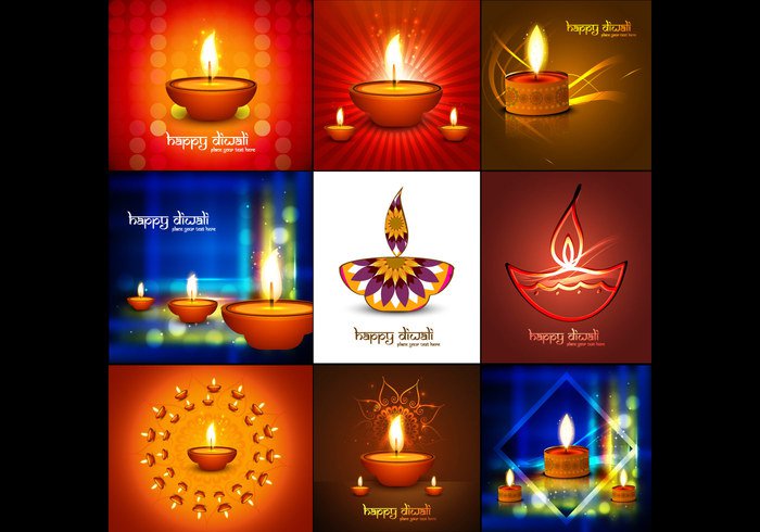 variation set lit lamp happy glowing font diya Diwali deepawali celebration card calligraphy banner background 