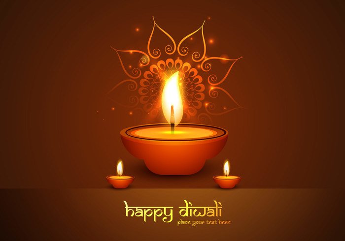 Rangoli oil lit lamp illuminated happy glowing font Diwali deepawali clay celebration card brown background 