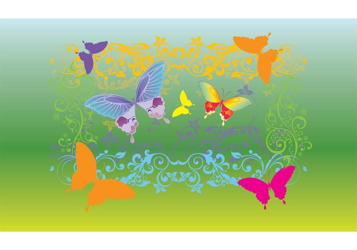 wings swirl style silhouette shape plant ornament nature leaf flying flower floral element elegance design decoration curve curl butterfly beautiful background 