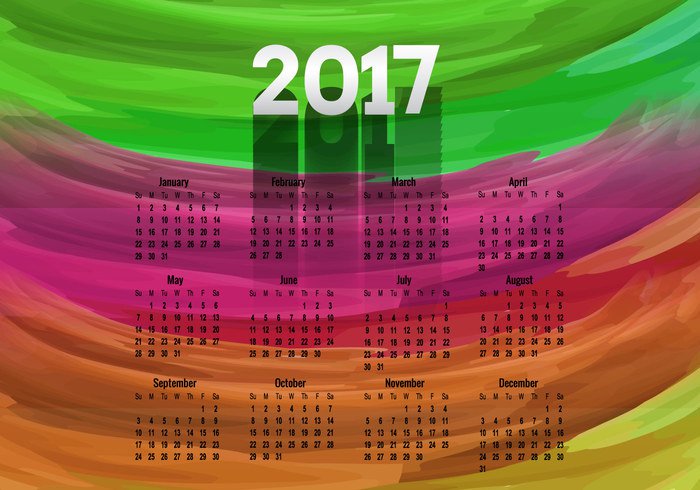 year week watercolor stroke paint new month Composition colorful calendar brush bright background Annual 2017  