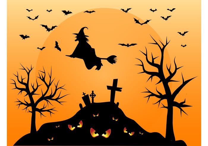 witch tombstones seasonal scary night monsters holiday greeting card graveyard graves folklore eyes dead bats animals 