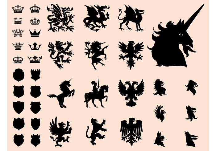 silhouettes shields old mythology Mythological creatures icons history heraldry heraldic heads crowns clip art Blazons animals 