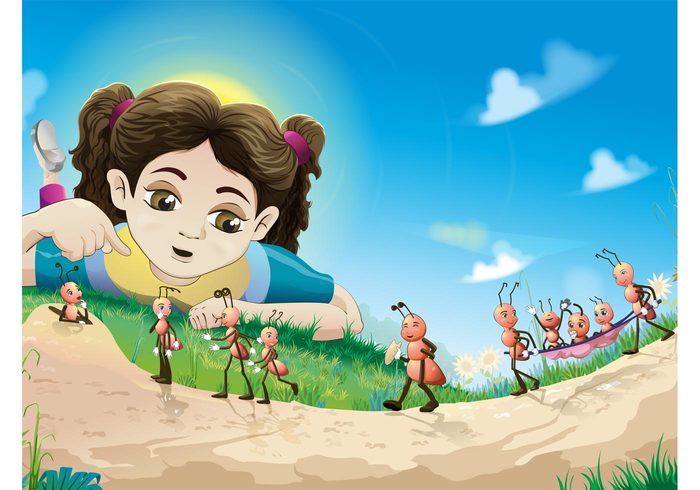 walk sun sky plants nature kid insects girl environment comic childhood child characters cartoon ants 