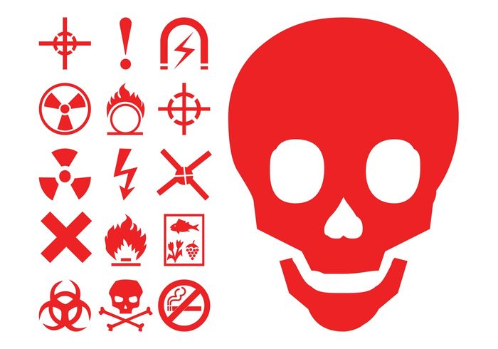 warning symbols skull Radioactivity icons hazard flammable flames fire danger burn bones Biohazard 