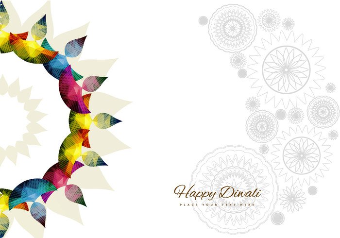 white variety Rangoli petal pattern outline many lamp diya Diwali design colorful circle background art 