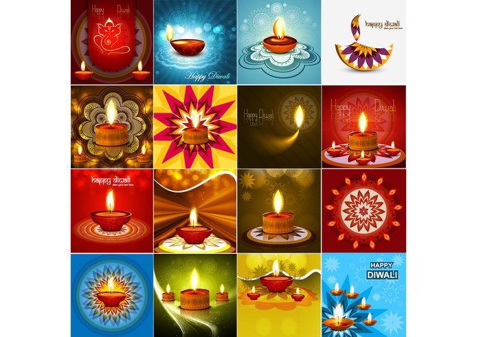 variation set Rangoli lamp india happy festival diya Diwali deepawali collection celebration card bright background 