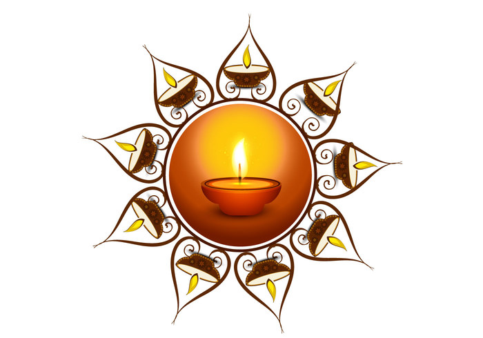 white Rangoli oil lit lamp happy Diwali design deepawali curl circle celebration card brown background 