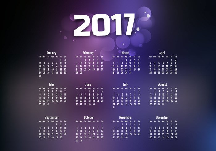 year week text purple number new months glowing date calendar bright bokeh background Annual 2017 