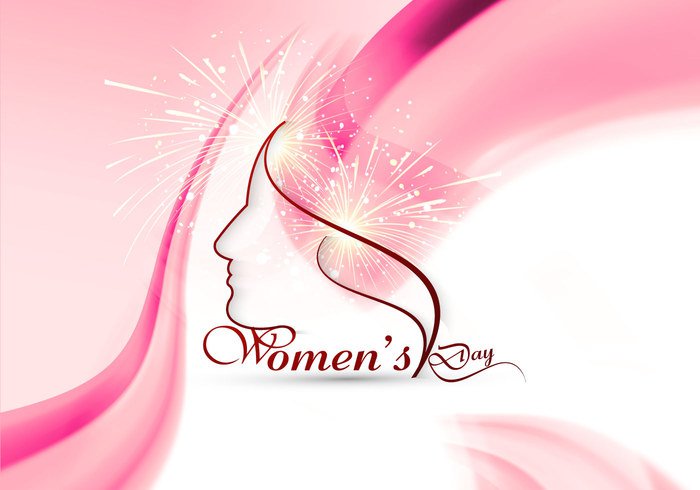 woman wave sparkling pink outline March holiday glowing firecracker female eight celebration card background 8 
