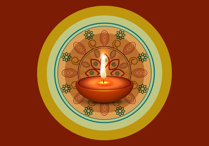 shape Rangoli oil lit lamp glowing flora Diwali design circle celebration card brown background 