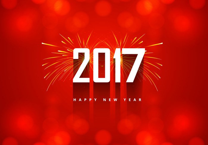 year red new happy greeting Fireworks festival explosion celebration card burst bright bokeh background 2016 