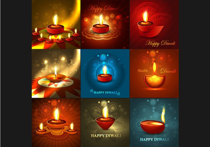 variation set Rangoli oil lit lamp happy diya Diwali deepawali decoration collection celebration card background 