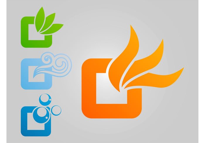 wind wet water stickers squares rounded plants logos leaves icons geometric shapes flames fire earth burn bubbles air 
