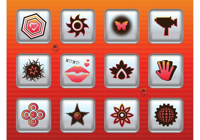 symbols sun stars silver signs shiny shapes icons halftone glossy globe camera buttons button abstract 