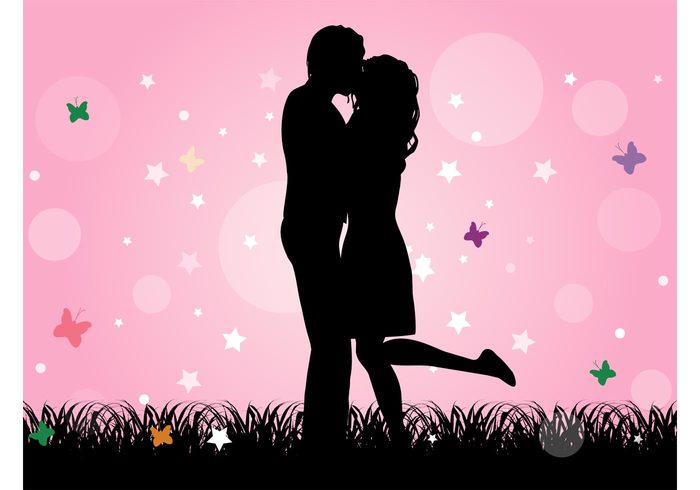 woman stars silhouettes romantic romance passion nature man kissing kiss hug grass girlfriend girl butterflies boyfriend boy 