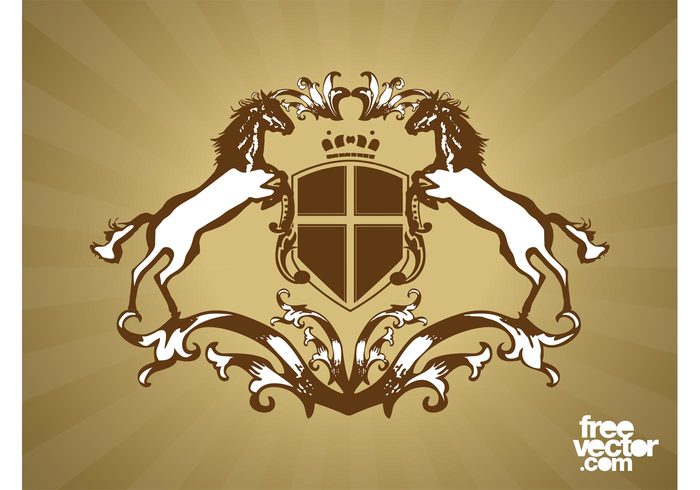 vintage swirls shield scrolls royal plants leaves horses horse heraldry heraldic crown cross coat of arms Blazon 