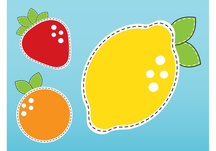 strawberry stitches stickers orange nature lemon icons Healthy fruits fresh food eating eat Diet decorations Comic Book 