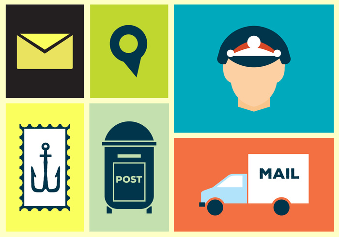 symbol stamp sign set send postal postage post box post paper message mailbox mail letter isolated illustration icons icon flat envelope email element delivery truck delivery man communication box blog anchor 
