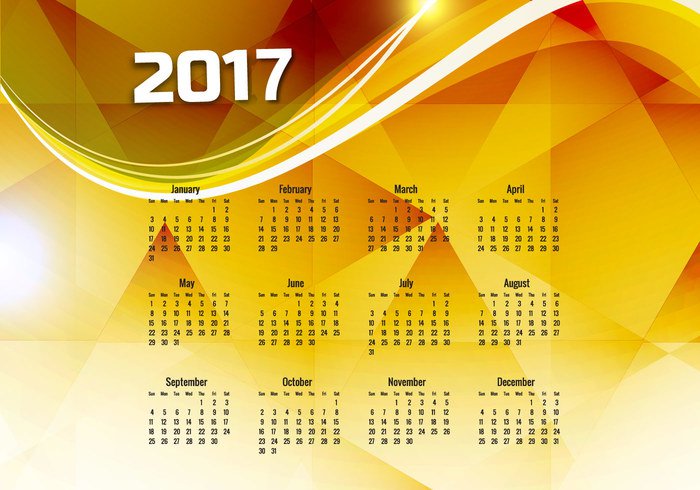 year week wave number new months January glowing date calendar bright background Annual 2017 