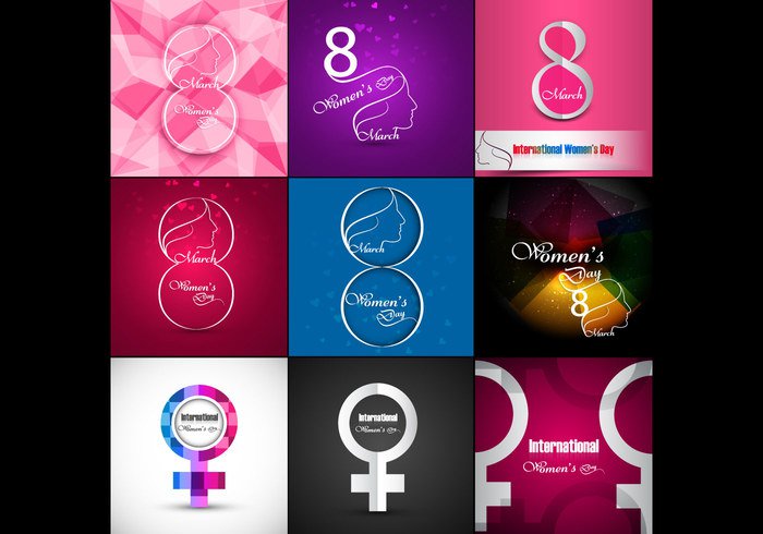 woman variety template symbol set March international greeting female eight day celebration card brochure background 