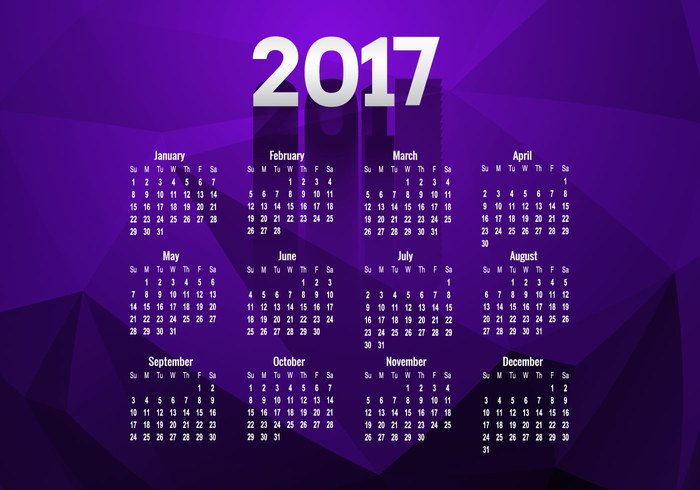 year week text purple number new months January date calendar bright background Annual 2017 