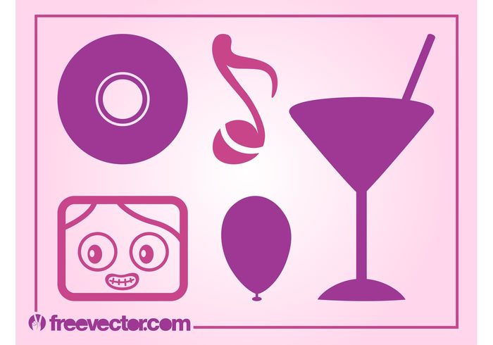 vinyl record party note music Martini glass logos icons fun drink cocktail character cassette cartoon balloon 