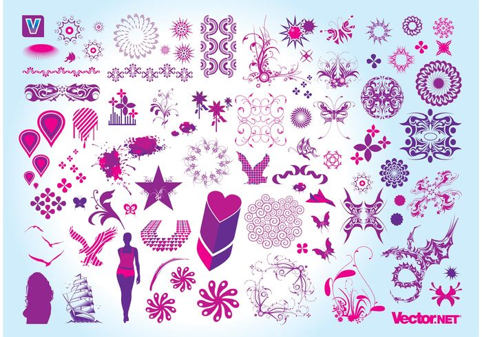 Vector arts tattoo stars set scrolls purple plants plane pink ornament floral explosion Design Elements clipart clip art circles 