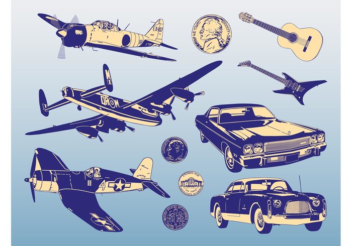 vintage vehicles retro planes Nickels music money guitars Dimes comic coins cents cartoon cars Automobiles airplanes Aircrafts 