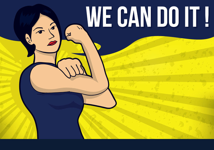 yellow we can do it we can war talking strong strength speech sleeve retro patriotic message illustration hand girl fist drawing character capable blue background attitude arm advertising 