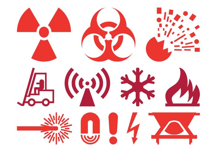 warning symbols Radioactivity radioactive laser icons hazard flames fire Explosives electricity Dangerous danger Biohazard attention 