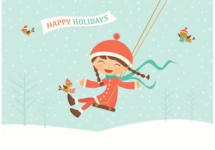 winter background winter wind swinging swing snow smiling sky seasons greetings new years eve little kids swinging holidays happy holidays happy happiness girl gift fun cute christmas childhood child cheerful birds messenger birds  