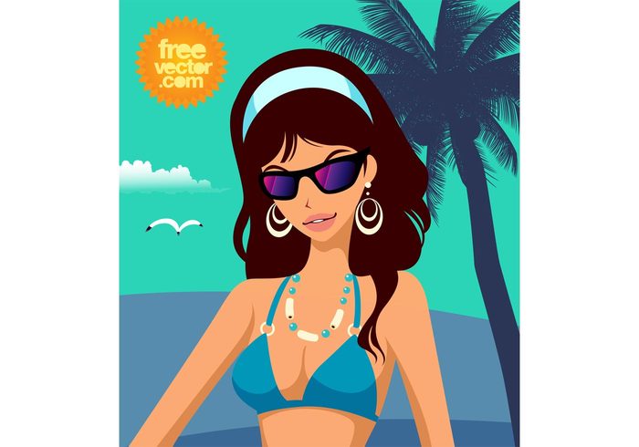 vector girl vacation swimsuit sunglasses summer sexy pretty model jewelry holiday Girl vector girl comic character cartoon beauty beach  