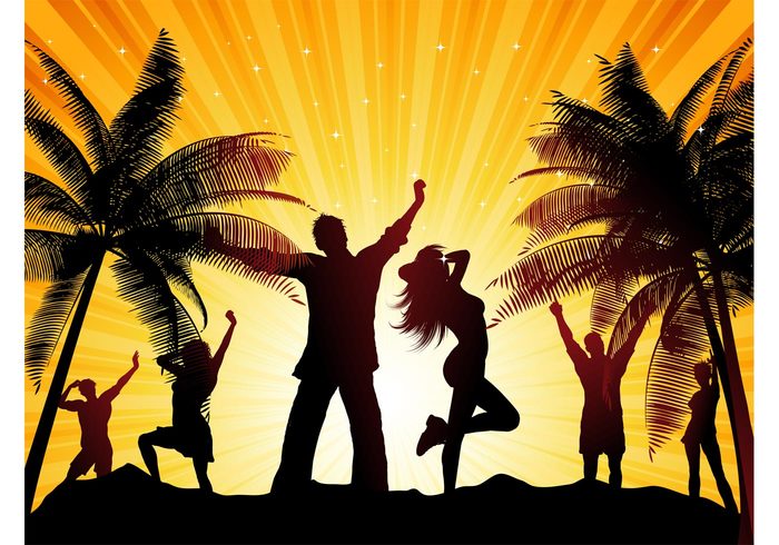 women summertime summer starburst sparkles silhouettes sexy people party palms men holiday girls dance beach 