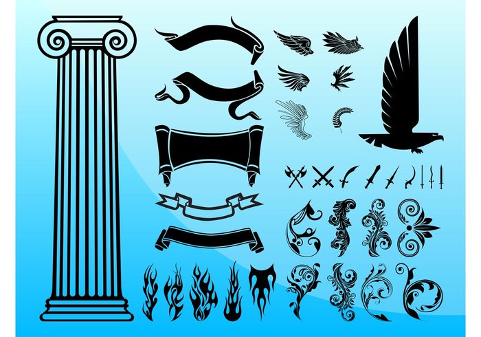 wings weapons weaponry swords swirls stickers Stems spirals scrolls ribbons plants flames fire eagle decals column burning architecture 