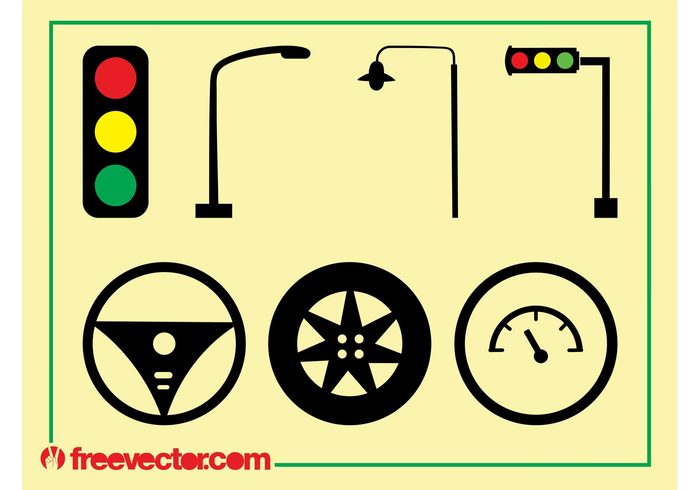 transport traffic lights tire symbols streetlights Steering wheel speedometer icons driving drive car auto 