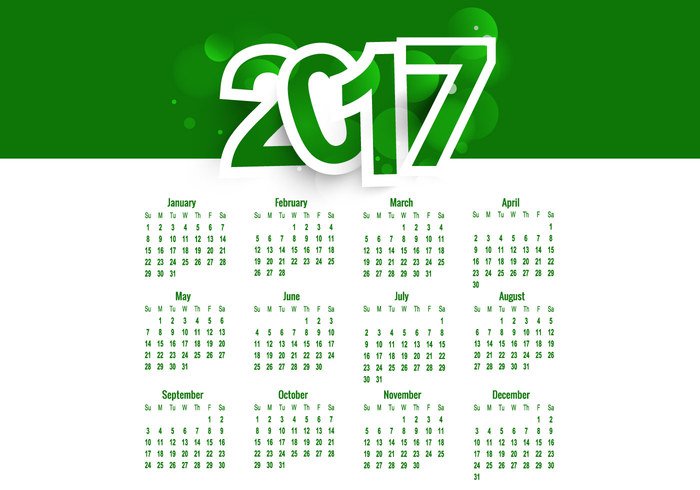 year white week text number new months January green date calendar bright background Annual 2017 