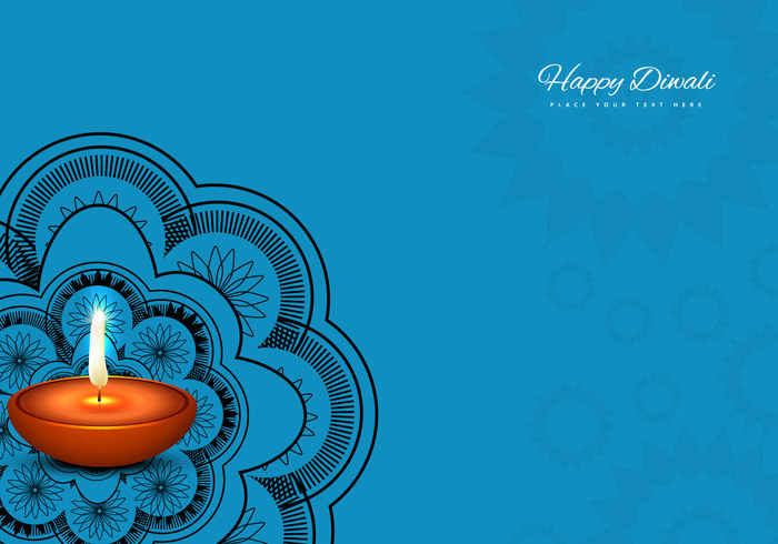 sparkling shiny Rangoli pattern happy glowing floral festival diya Diwali design celebration card blue background 