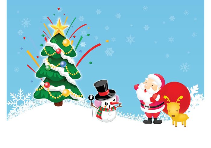 tree snowman snowflakes snow santa claus reindeer holiday happy festive deer comic christmas celebration cartoon 