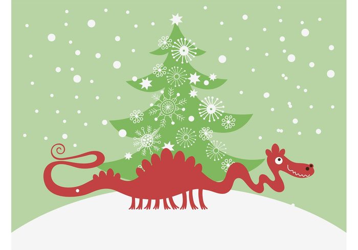 winter tree snowflakes snow holiday greeting card festive dragon christmas character celebration 