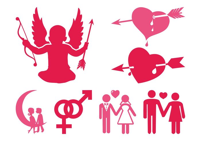 wings silhouettes romantic romance moon marriage love kiss icons hearts Gender symbols cupid couples cherub arrows 